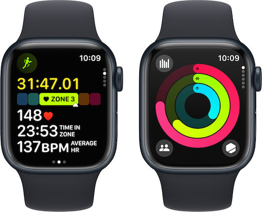 Apple Watch Series 9 Aluminiu 41mm Waterproof cu Pulsometru (Midnight cu Curea Sport Midnight - M/L)