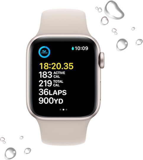 Apple Watch SE 2023 Aluminum 40mm Waterproof with Heart Rate Monitor (Starlight with Starlight Sport Band - S/M)