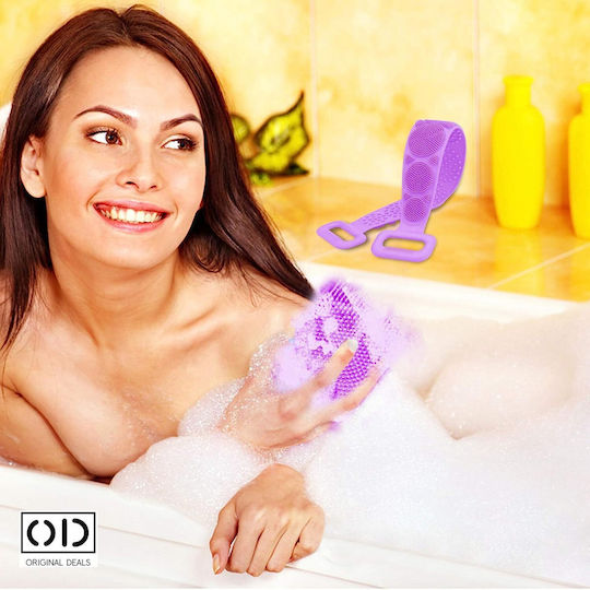 Bath Sponge For Body Washing And Exfoliating Dead Skin, Striped 2-sided Band For Deep Cleaning, Premium Silicone, Purple Original Deals