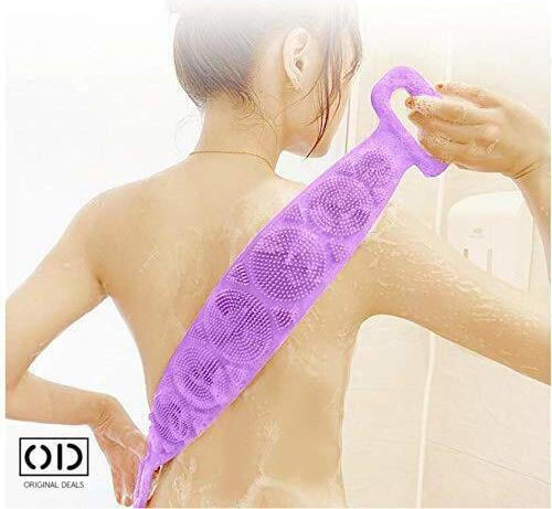 Bath Sponge For Body Washing And Exfoliating Dead Skin, Striped 2-sided Band For Deep Cleaning, Premium Silicone, Purple Original Deals