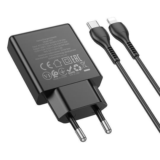 Hoco Φορτιστής με Θύρα USB-C και Καλώδιο USB-C - Lightning 20W Power Delivery Μαύρος (N37 Delgado)