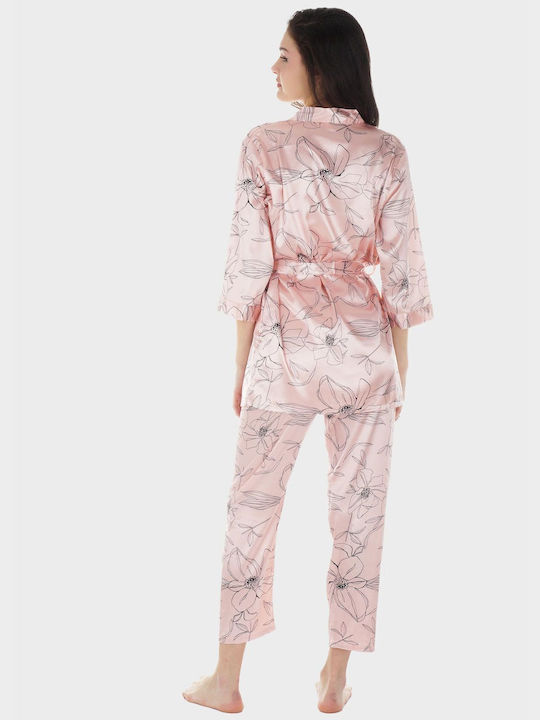 Women's Satin Pajama Set Jacket Top & Pants All Print. 3-pack Pink