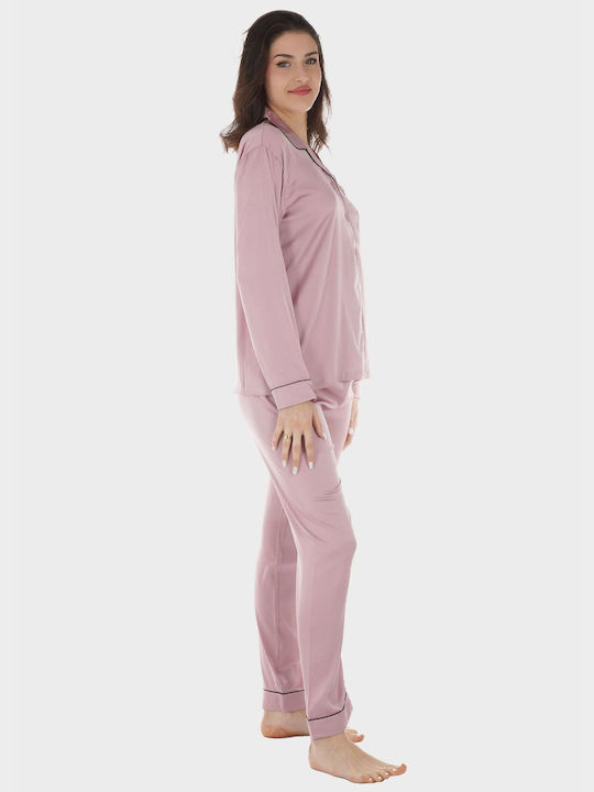 Damen Satin Pyjama Set Einfarbig Geknöpft Elastische Taillen Hose Altrosa