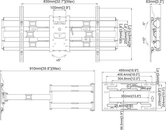 Multibrackets M Universal Long Reach Arm HD 910mm Dual Wall TV Mount with Arm up to 80" and 60kg White