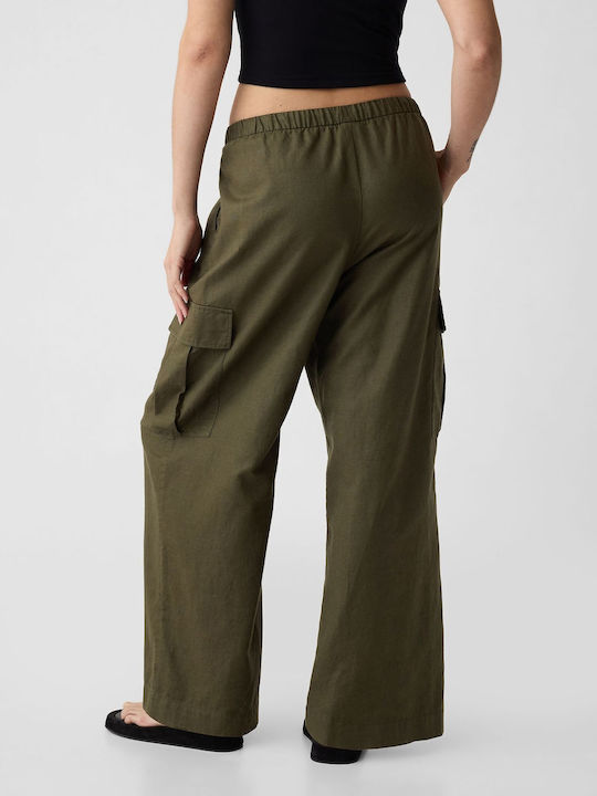 Women's Linen Cargo Trousers with Elastic Green