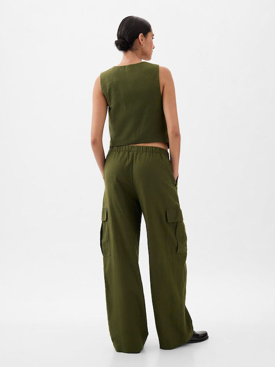 Women's Linen Cargo Trousers with Elastic Green