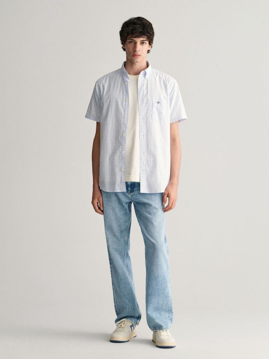 Short-sleeved Cotton Shirt Checked Light Blue
