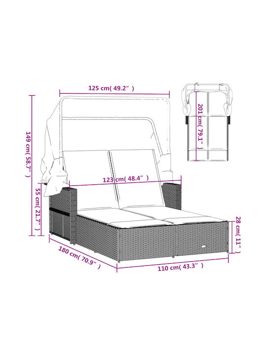 Liegestuhl-Bett Doppel Rattan mit Kissen & Sonnenschirm Beige 110x201cm.