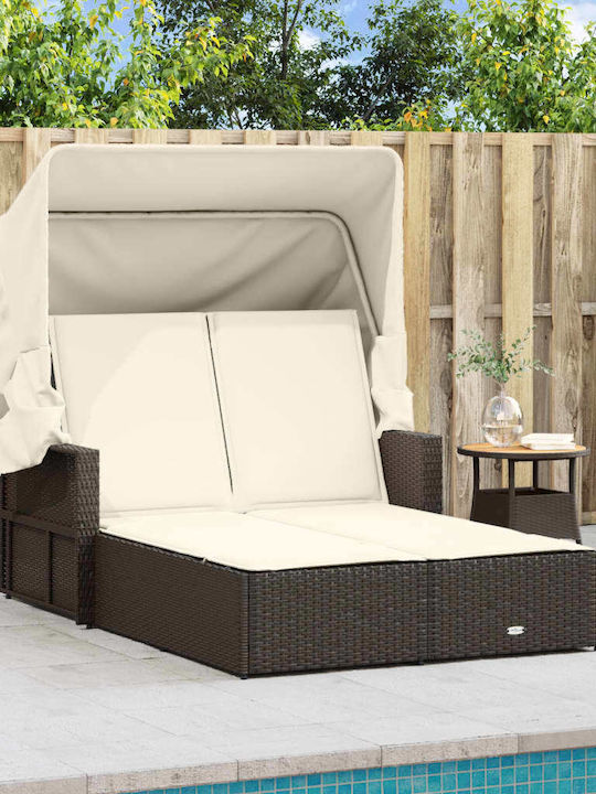 Șezlonguri pentru grădină și piscină - Pat Dublu Rattan cu Pernă și Parasolar Maro 110x201cm