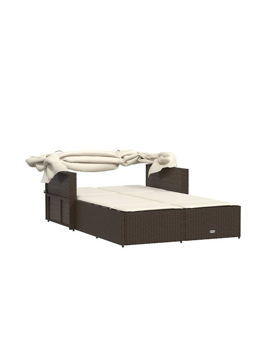 Șezlonguri pentru grădină și piscină - Pat Dublu Rattan cu Pernă și Parasolar Maro 110x201cm
