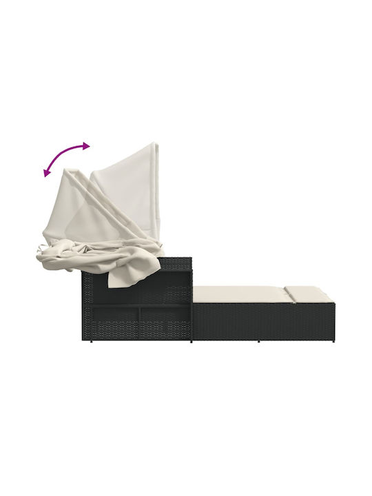 Sunbed Double Rattan with Cushion & Sunshade Black 110x201cm.