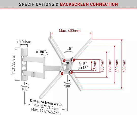 Barkan 3400W Βάση Τηλεόρασης Τοίχου με Βραχίονα έως 65" και 40kg Λευκό