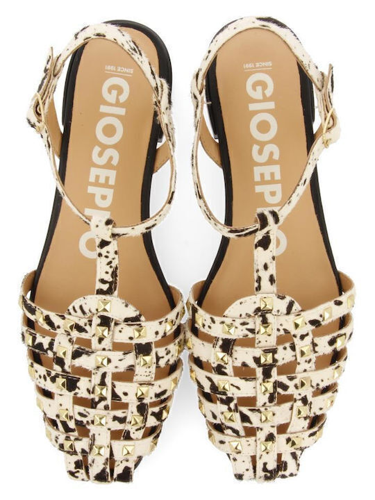 Leather Women's Flat Sandals with Strap in Ecru Color