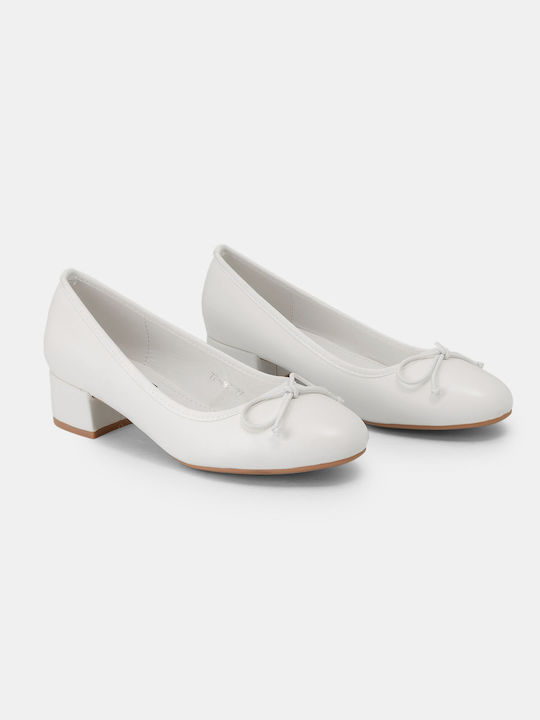 Ballerinas With Bow & Chunky Heel Women's 77-493 White Synthetic Leather