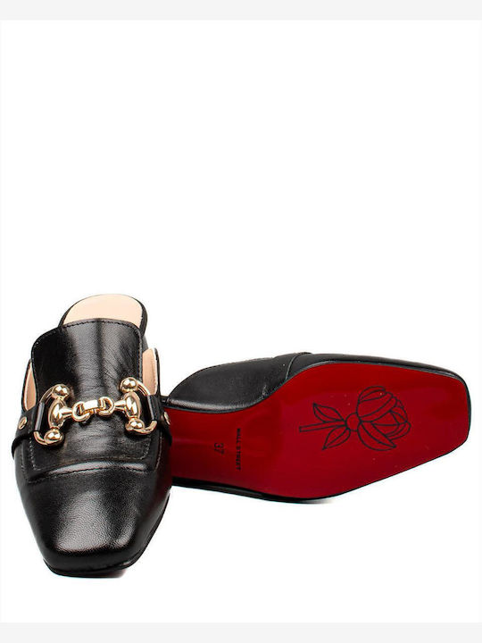 Leather Mules with Chunky Heel in Black Color