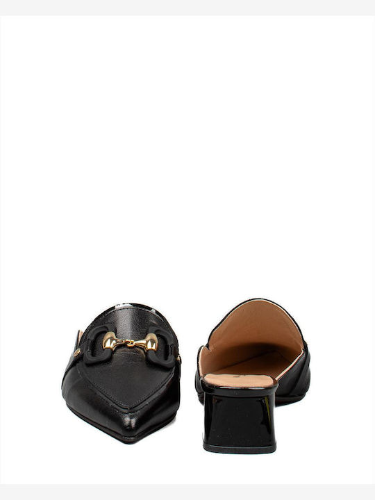 Leather Mules with Chunky Heel in Black Color