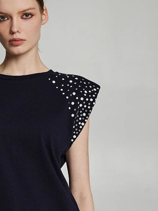 Damen Sommer Bluse Baumwolle Ärmellos Marineblau