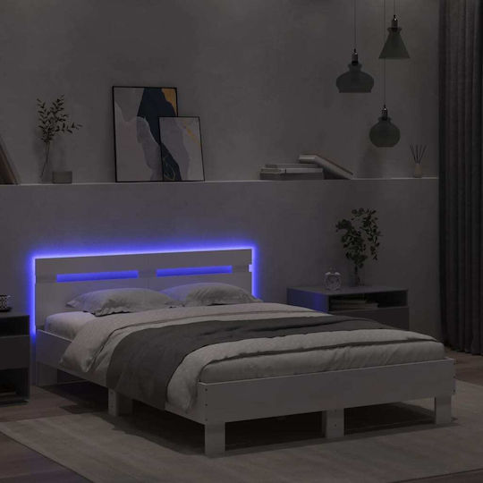 Double Wooden White Bed with Slats for Mattress 135x190cm