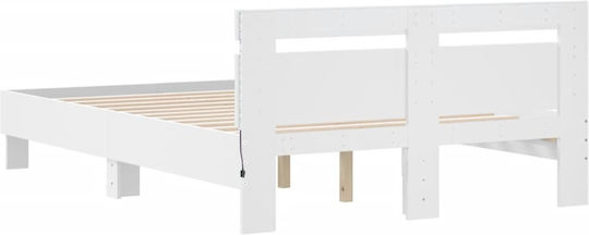 Double Wooden White Bed with Slats for Mattress 135x190cm