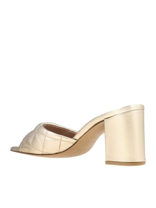 Leather Mules with Chunky Low Heel in Gold Color