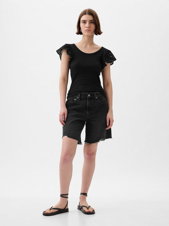 GAP Eyelet Women's Summer Blouse Short Sleeve Black