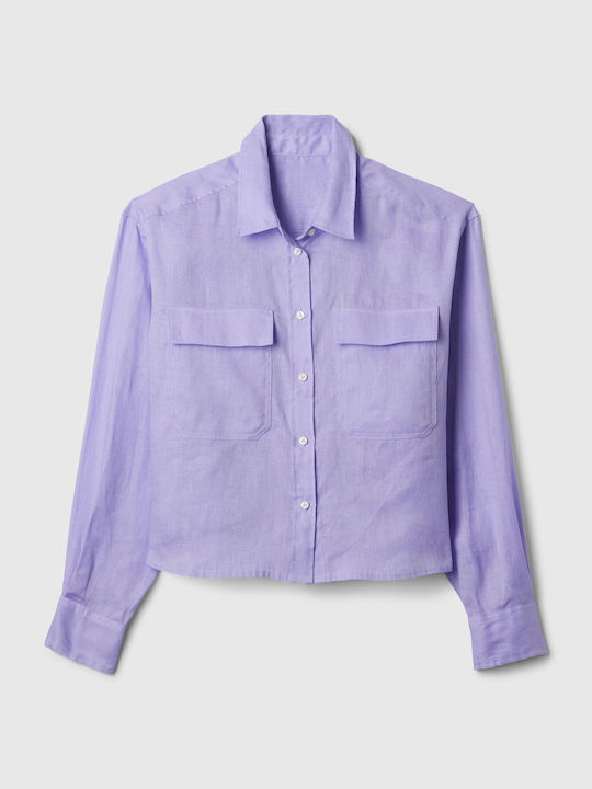 GAP Women's Linen Long Sleeve Shirt Purple Lavender