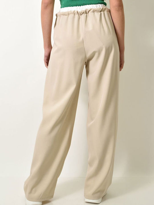 Potre Women's Fabric Trousers with Elastic in Straight Line Ecru