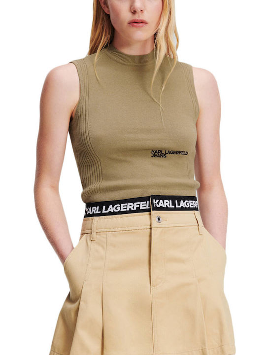 Karl Lagerfeld pentru Femei Crop Top din Bumbac fără Mâneci Bej