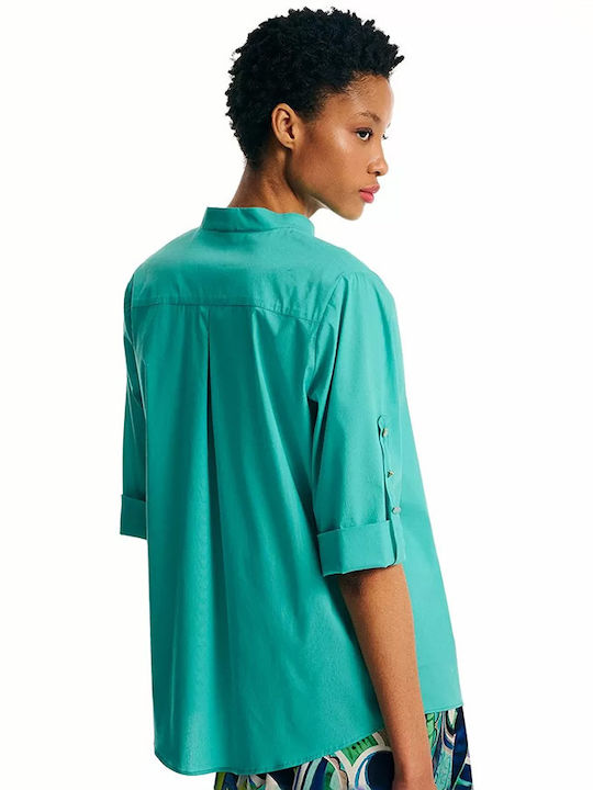 Forel Damen Sommer Bluse Baumwolle Kurzärmelig mit V-Ausschnitt Turquoise