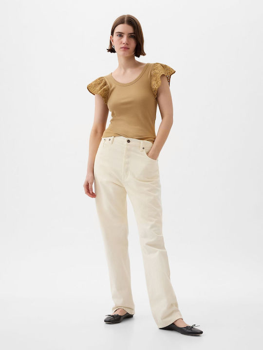 GAP Eyelet Bluza de Damă de Vară Mâneci scurte Khaki Tan