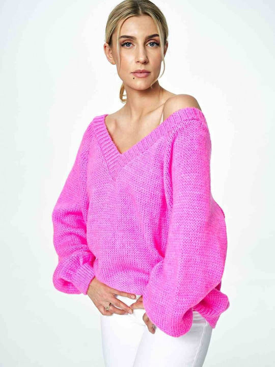 Figl Damen Pullover Wolle mit V-Ausschnitt Rosa