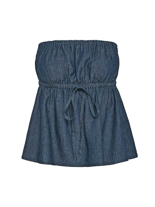 Milla Women's Summer Blouse Linen Strapless Dark Blue