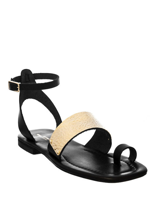 Wall Street Leather Women's Flat Sandals in Black Color