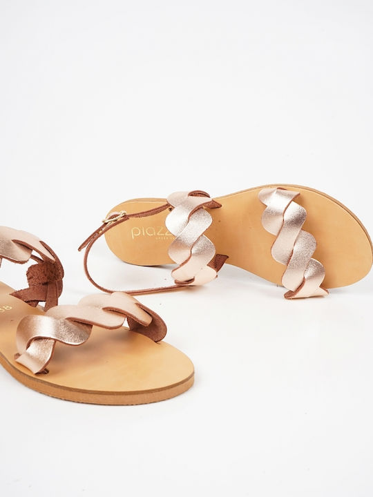 Piazza Shoes Leather Women's Flat Sandals in Gold Color