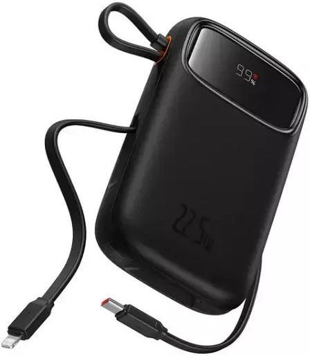 Baseus Qpow 2 Power Bank 10.000mah 22.5w Με Θύρες 1xusb-a, 1xusb-c & Ενσωματωμένα Καλώδια Lightning & Usb-c, Μαύρο