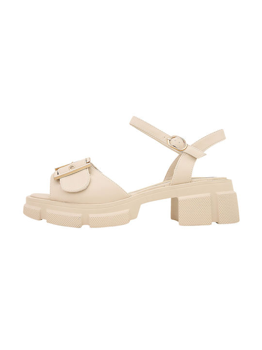 Gianna Kazakou Leder Damen Sandalen mit mittlerem Absatz in Beige Farbe