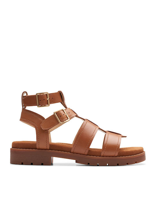 Orinoco Cove Leather Women's Flat Sandals in Tabac Brown Color