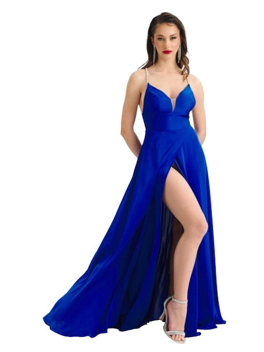 Kalliope Maxi Φόρεμα Σατέν Κρουαζέ με Σκίσιμο Μπλε