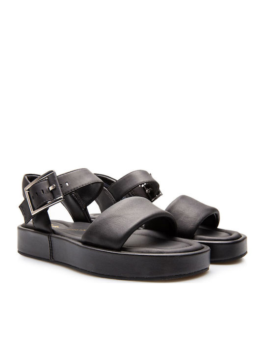 Alda Leather Women's Flat Sandals with Strap in Black Color