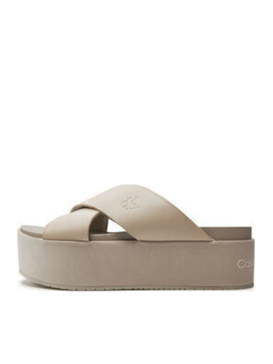 Δερμάτινα Γυναικεία Σανδάλια Flatforms Μπεζ