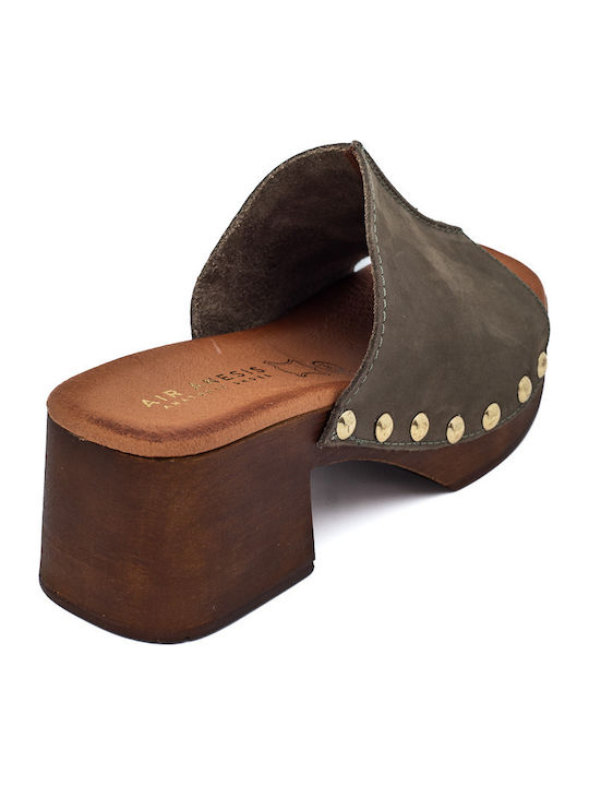 Leather Mules with Chunky Heel in Khaki Color