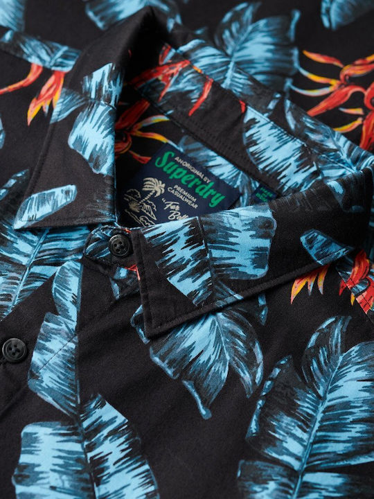 HAWAIIAN Short-sleeved Cotton Shirt Floral Darkblue
