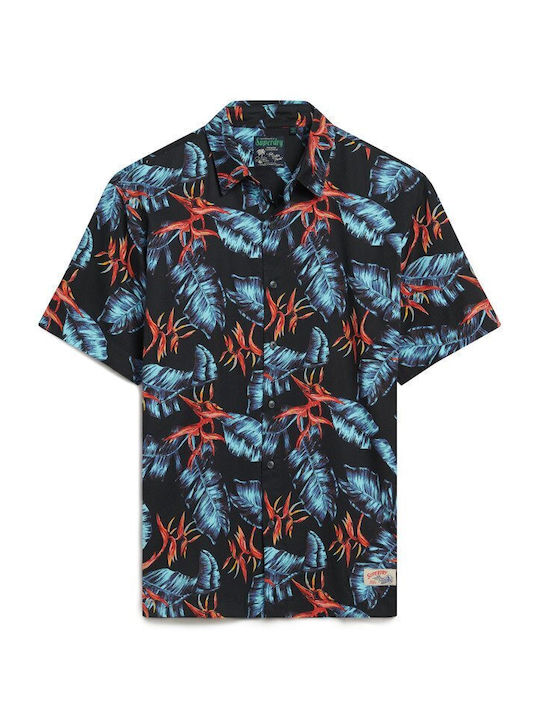 HAWAIIAN Short-sleeved Cotton Shirt Floral Darkblue