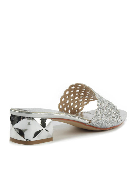 Mules with Chunky Low Heel in Silver Color