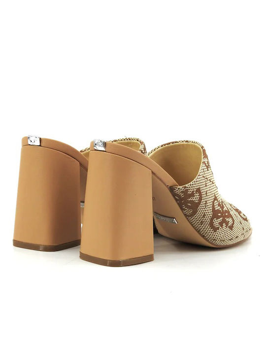 Leather Mules with Chunky High Heel in Beige Color