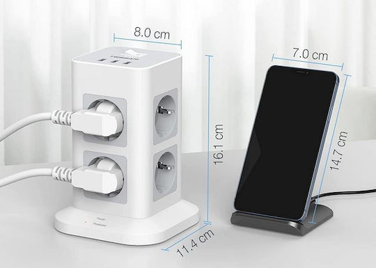 Tessan Power Strip with Surge Protection 8 Positions with 2 USB-A, 1 USB-C and Cable 2m Gray