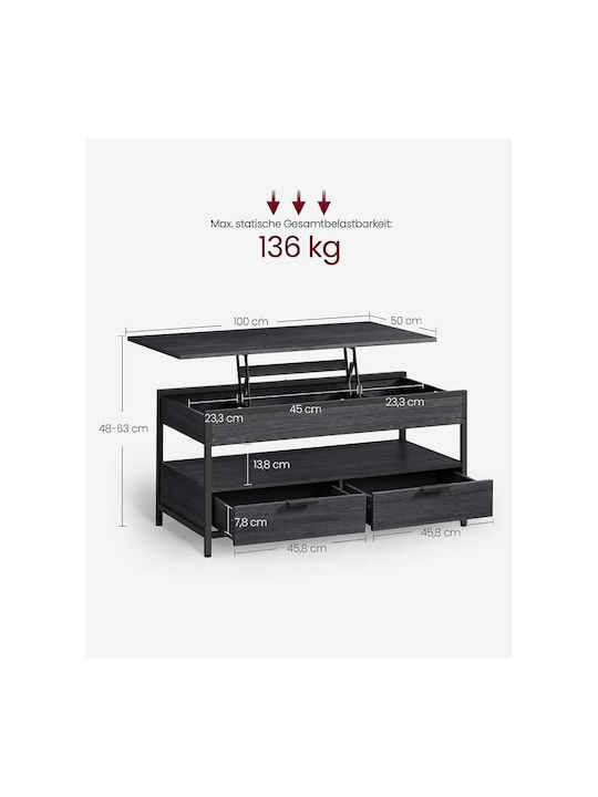 Rechteckiges Zentral Kaffeetisch Holz mit Hebemechanismus und Schubladen Anthrazit M100xB50xH48cm