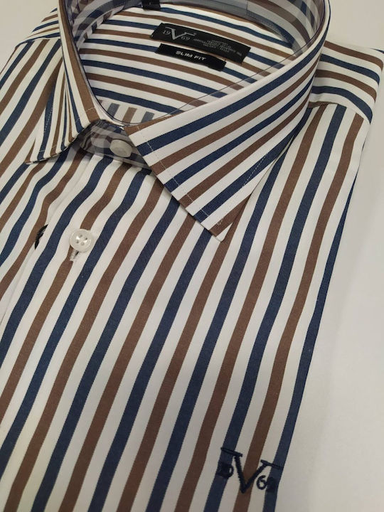 Πουκάμισο Μακρυμάνικο Ριγέ Καφέ/μπλε 19v69 Versace Slim 11.33. Cremona Camel
