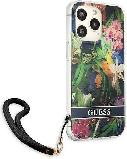 Guess Flower Strap Back Cover Plastic / Silicon cu Curea Albastru deschis (iPhone 13 Pro)