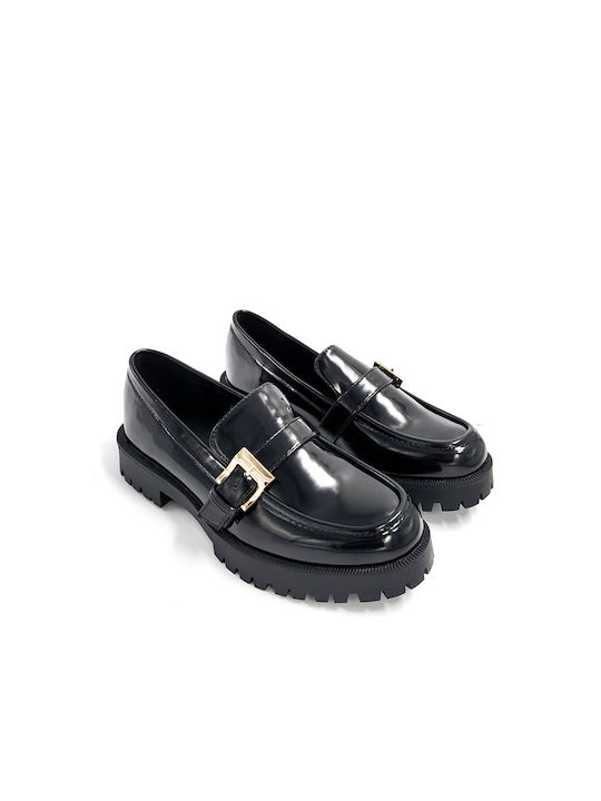 Black Patent Loafer with Decorative Buckle